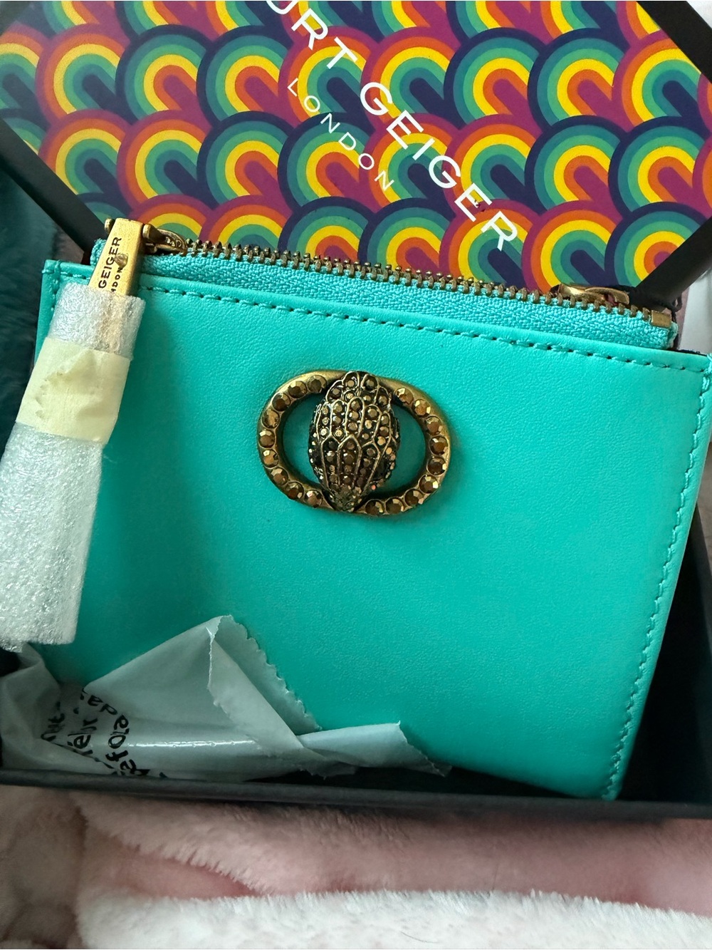 Kurt Geiger Leather Turquoise Wallet Clutch with Gold Emblem NWT